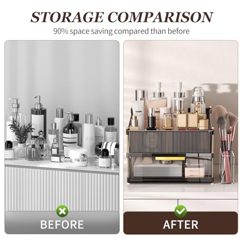 INVSSENE Stackable Makeup Organizer Countertop, Storage Perfume Skincare Cosmetic Lipstick Face Mask Makeup Brush Palettes, Ideal for Vanity Bathroom Counter - color: 3514 Coffee+Clear