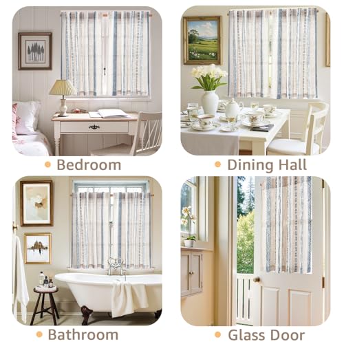 jinchan Boho Kitchen Curtains 24 Inch Linen Tier Curtains with Geometric Pattern Bohemian Cafe Small Light Filtering Window Treatment for Living Room RV Back Tab 2 Panels Blue on Linen - color: Liora | Blue on Linen, size: 26"W x 24"L (Pack of 2)