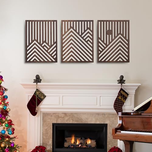 qmmp Modern Wooden Wall Sculptures - Set of 3 - Home Decor Accent - Large Wall Art for Living Room, Bedroom, Office - Easy Installation (Walnut, Medium - Mountain and Sun) - color: Walnut, size: Medium - Mountain and Sun