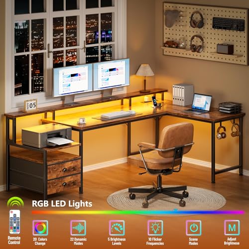 66'' L Shaped Desk with Power Outlets and USB-C Port, Reversible Office Desk with drawers and Storage Shelves, Computer desk with Led Lights and Host stand for Home Office, Gaming, Work, Rustic Brown - color: Rustic Brown