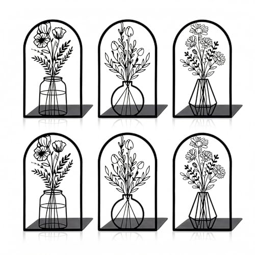 Sanwarm Metal Bookends Flower Vase Floral Book Ends Decorative Bookend for Home Office Library Desk Book Shelves Decor, Gift for Reading Enthusiasts Non-Skid Book Stoppers Holder (Black 3 Pair) - color: Floral