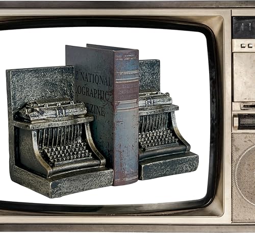 Bellaa 25747 Decorative Bookend Typewriter Royal Retro Book Ends Stopper Industrial Rustic Vintage Style Classic Type Writer Statues Bookshelves Home Decor 7 inch