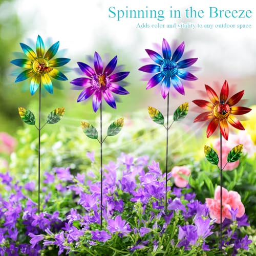 4 Packs Wind Spinner Outdoor, Pinwheels for Yard and Garden, Metal Flower Decorative Garden Stakes for Lawn Patio Porch Decor - size: Flowers-4Pack