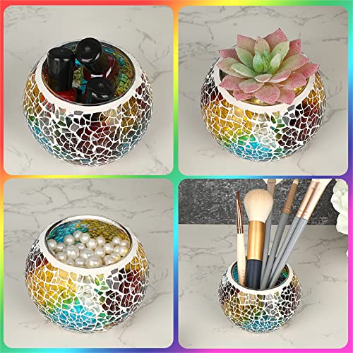 OwnMy Set of 3 Colorful Mosaic Glass Tea Light Holders Round Bowl Votive Candle Holders Pillar Candle Stands, Glass Mosaic Tealight Holders Potted Plant Bowl Vase Candle Centerpiece for Table Wedding - color: Rainbow