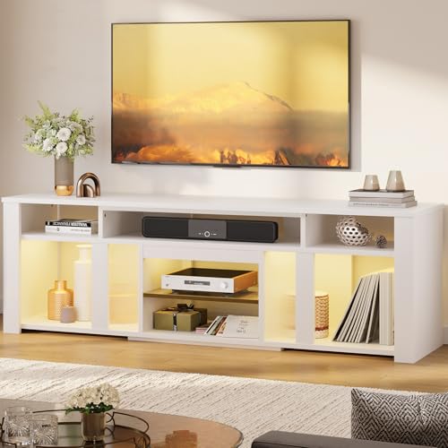 Bestier 80 Inch TV Stand for 85 Inch TVs, Modern Open Entertainment Center with LED Lights & Adjustable Shelves, Media Console for Gaming Setup and Home Theater (White)