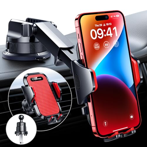 VANMASS [True Military-Grade] Car Phone Holder [Best Suction & Clip] Cell Phone Mount for Dashboard Windshield Vent Truck Cradle Dash Stand for iPhone 15 Pro Max 14 13 12 Android, Red - color: Red