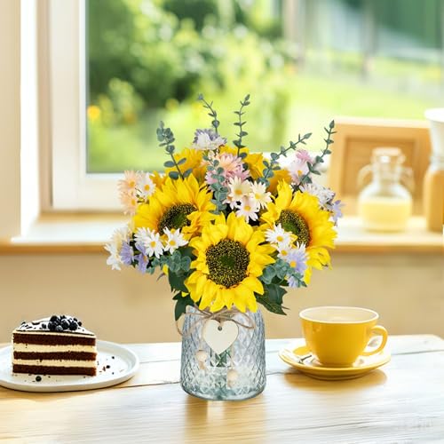 BLOSMON Sunflower Fake Flowers in Vase: Sunflowers Artificial Flowers with Vase for Table Centerpieces Decor - Silk Flower Bouquet Faux Arrangements Kitchen Bathroom Wedding Party Decoration