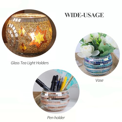 Mosaic Glass Tea Light Holders Romantic Stained Votive Candle Holder, MIATTCLD Round Handmade Tealight Candle Holder for Table Centerpieces, Christmas, Valentine, Birthday Party, Home Decor (H)
