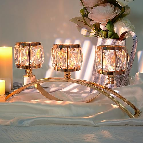 4 Pcs 3-Arm Crystal Tealight Candle Holders, Elegant Metal Arch Candlestick Centerpiece for Wedding, Party, Dining Room Table Decorations, Anniversary (4, Gold-3 Arm) - size: Gold-3 Arm