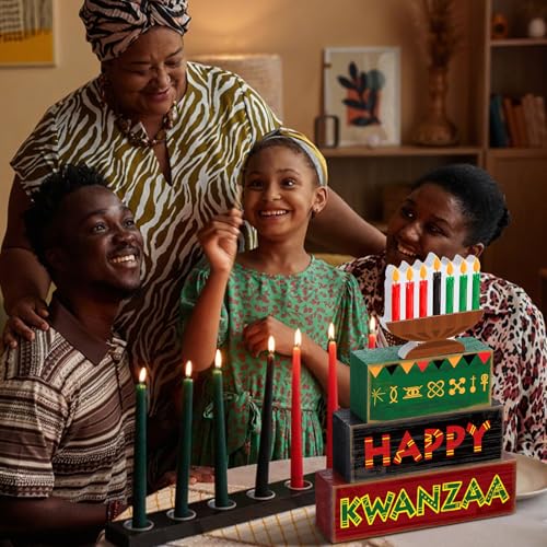 Yuntau 4 Pcs Happy Kwanzaa Table Decorations Kwanzaa Tiered Tray Decor Rustic African Candlestick Wood Block Tabletop Sign Gift Centerpiece Farmhouse Table Decor for Home Office Party Supplies - style: Candlestick