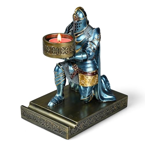 King's Guard Kneeling Knight Candlestick Holders Resin Posture TeaLight Holder Warrior Mobile Phone Stand Pen Holder Candle Holder for Restaurant, Altar, Home Table(Blue) - color: Blue