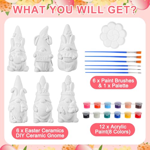 Arrowbash 6 Pcs Easter Ceramics to Draw Ready to Paint Your Own Gnome Statues 5.12 Easter Egg Rabbit Theme Paintable Figurines DIY White Ceramics Plaster Crafts Kit with Brush Palette - style: Easter