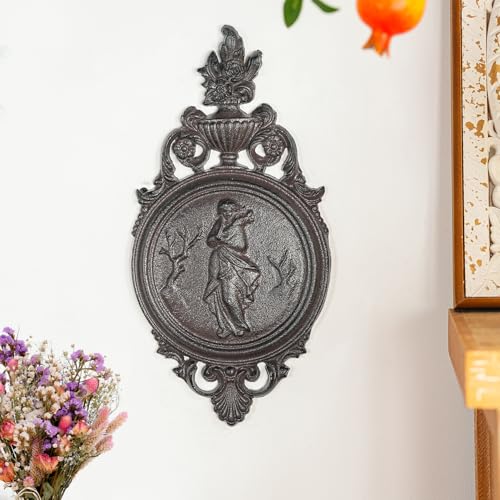 Sungmor Ornate Cast Iron Wall Art Plaque – Classical Woman Relief in French Country Style, Decorative Wall Sculpture - Vintage Hanging Décor for Home, Garden, or Patio – Rustic Black Finish - color: Rustic Black & A