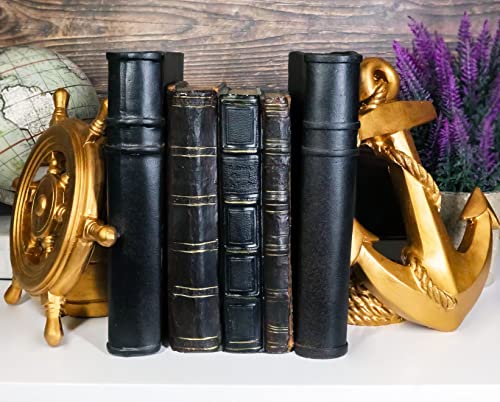 Ebros Nautical Coastal Marine Home Decor Ship Anchor and Captain's Helm Wheel Bookends Pair Set Statue 7.5" Tall in Gold Finish Decorative Office Study-Room Library Desktop Figurines