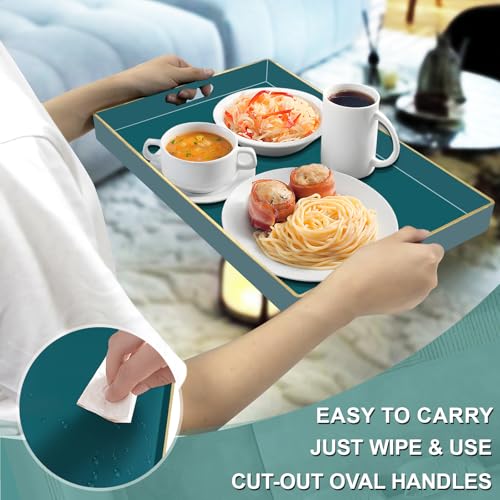 MAONAME Teal Serving Tray with Handles, Modern Decorative Tray for Coffee Table, Plastic Rectangular Trays for Ottoman, Bathroom, Decor, 15.8” x 10.2” x 1.4" - color: Teal, size: 15.8" x 10.2" x 1.4"