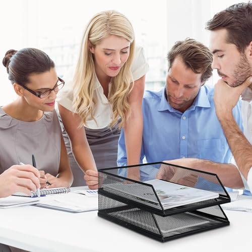 Hicarer 4 Pcs Black Metal Letter Tray Stackable Desk Tray Single Wire Mesh Organizer Front Load File Paper Holder for Desktop Office Home School Classroom (12.8 x 9.84 Inch) - size: 12.8 x 9.84 Inch