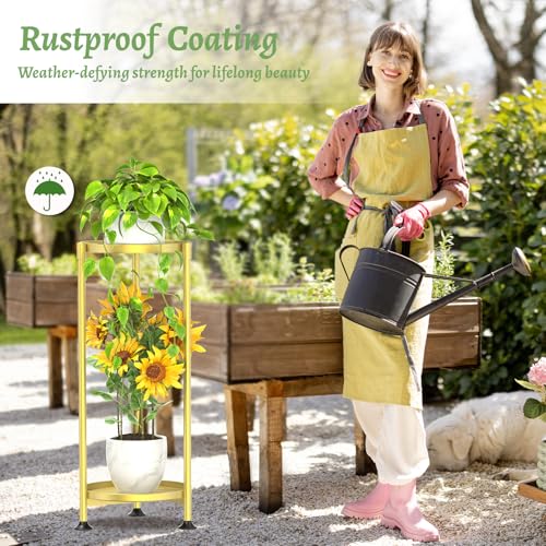 KMOTASUO 2 Tier Plant Stand Indoor for Large Tall Heavy Duty Planter, Multiple Sturdy Metal Flower Corner Rack for Narrow House Floor, Iron Vertical Level Round Orchi Holder Organizer, Gold - color: Gold, size: 2 Tier