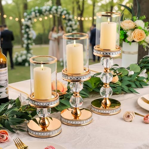 10" Tall Hurricane Candle Holder, Pillar Candle Holders with Glass Sleeve with Gift Box, Crystal Candle Stands for Home Warming, Weddiing, Dining Room Decor, Table Centerpiece (2, Gold, S) - color: Gold, size: Small
