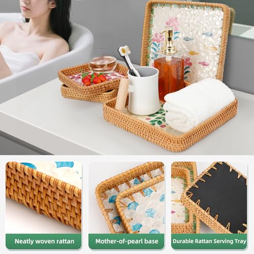 1 pcs Rectangle Rattan Serving Tray with Mother of Pearl Inlay, Decorative Wicker Tray for Coffee, Bread, Fruits, Elegant Table Decor for Living Room & Dining Room - color: Blue-blue Scale Pattern