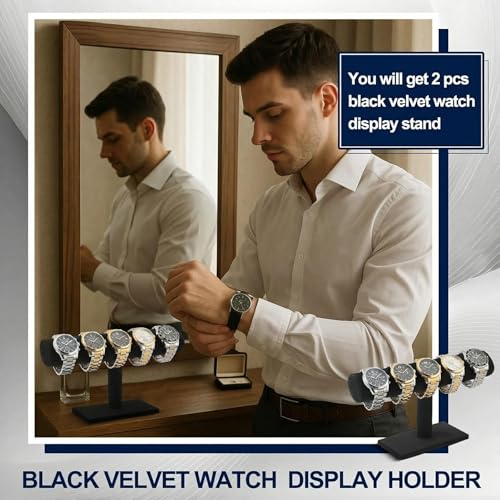Wenqik 2 Pack Watch Holder Stand, Velvet Watch and Bracelet Display T Bar Stands, Jewelry Organizer for Watches Bracelets and Bangles, Countertop Display for Dresser, Store or Home, Black