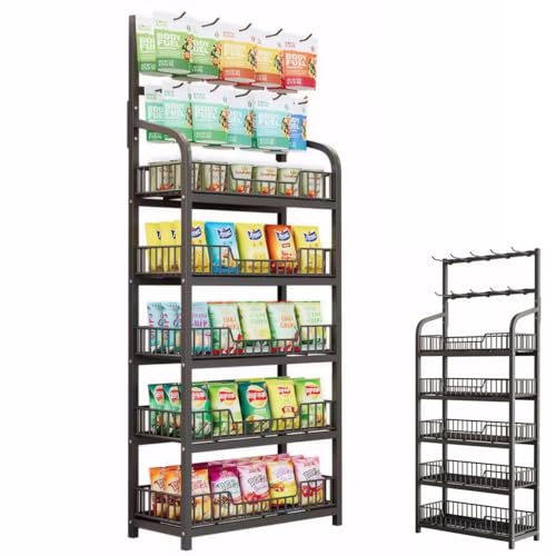 Retail Display Rack Stand, Snack Display Rack with Hooks, Metal Wire Storage Shelf, Snack Candy Display Organizer for Stores Kitchen Office(5-Tier 27.6x10.6x65.3 in)