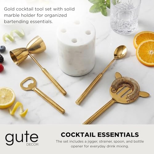 5-Piece Gold & Marble Bartender Kit with Stand, Stainless Steel Bar Tool Set, Includes Jigger, Strainer, Spoon, Bottle Opener Luxury Home Bar Cart Accessories, Luxury Cocktail Decor & Mixer Gift Set - color: Gold