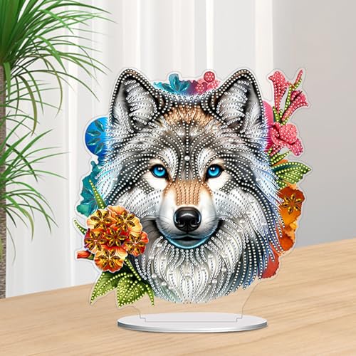 5D Tabletop Diamond Art Kit Flower Wolf, Stand Up Special Shaped Crystal Diamond Art Desktop Kits for Adults, DIY Diamond Painting Kits Craft, Box Package - color: Flower Wolf