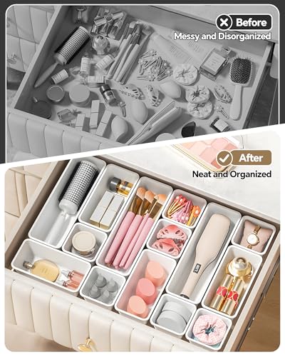 Canfanni 13 Pack Plastic Drawer Organizers Set, 3 Sizes Desk Drawer Organizer Trays for Vanity and Makeup Organizer, Organization and Storage for Makeup, Kitchen Utensils, Bathroom and Office(White) - color: White