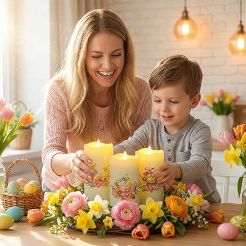 Eywamage Fiber Optic Spring Flameless Candles with Remote, Flickering Easter LED Pillar Candles Battery Operated Set of 3 - color: Easter
