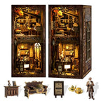DIY Book Nook Kit Wooden Bookshelf Miniature Serenity Coffee House Kit 3D Wooden Puzzles Bookends Miniature House Kit Book Nook Bookshelf Insert Decor with LED Lights Wood Crafts for Adults
