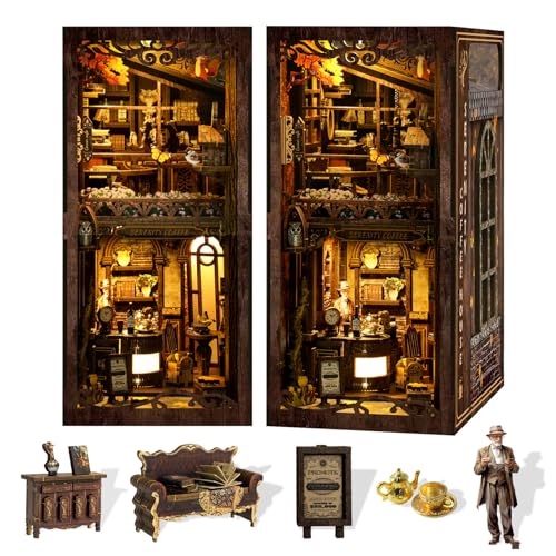 DIY Book Nook Kit Wooden Bookshelf Miniature Serenity Coffee House Kit 3D Wooden Puzzles Bookends Miniature House Kit Book Nook Bookshelf Insert Decor with LED Lights Wood Crafts for Adults