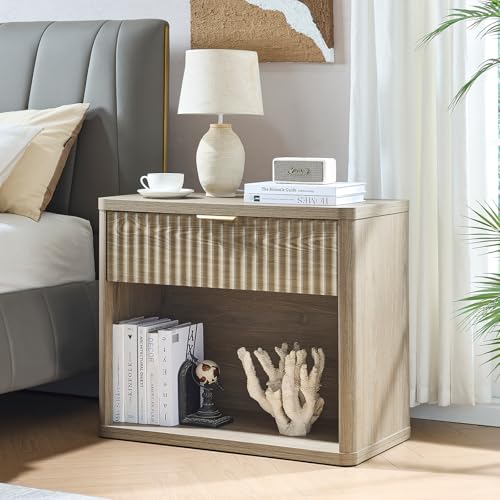 LEYAOYAO 31" Wide Fluted Nightstand with Charging Station, Oversized Extra Large 1 Drawer Night Stand with Golden Handle, Grey Wood Bedside Table Tall End Tables,for Bedroom, Living Room, Hallway - color: Grey, size: 1 Drawers