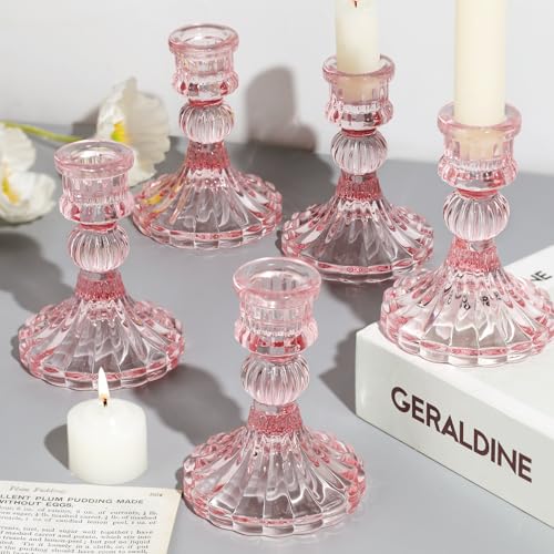 12PCS Pink Candlestick Holders Set- 4" H Taper Candle Holders, Glass Candle Holders Bulk for Wedding, Party, Home Table Centerpieces, Festival Gifts & Windowsill Decor - color: Pink Striped Pattern
