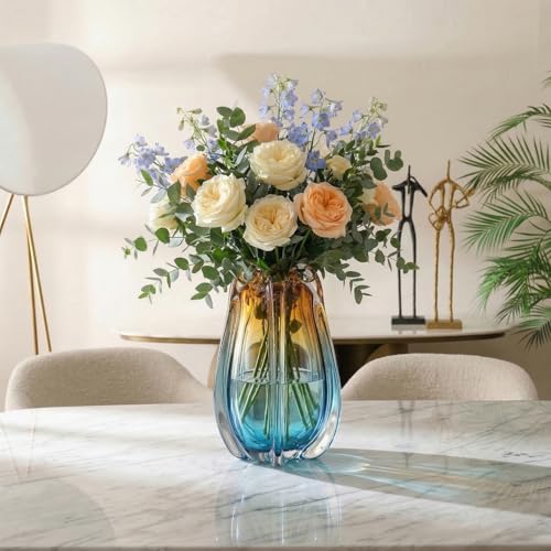 Hand Blown Glass Vase for Flowers, 9.45" Unique Murano Style Art Glass Vase, Fluted Teal Amber Ombre Decorative Vases for Home Decor, Living Room Table Centerpiece, Bookshelf, Wedding Gift