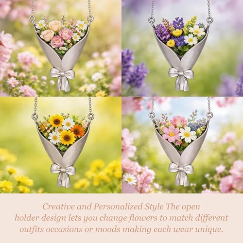 Flower Bouquet Necklace Flower Holder Necklace Pendant Creative Floral Vase Necklaces Kawaii Aesthetic Nature Spring Outfits Jewelry Gift Mothers Day Gifts - color: A1:Silver Flower Bouquet Necklace