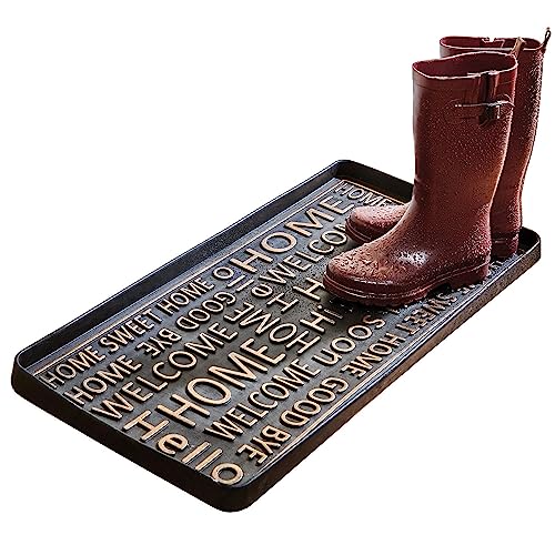 Art & Artifact Rubber Boot Tray Wet Shoe Tray for Entryway Indoor Outdoor Snow Boot Mat Extra Large Shoe Tray 32" x 16", Black, Hello Goodbye