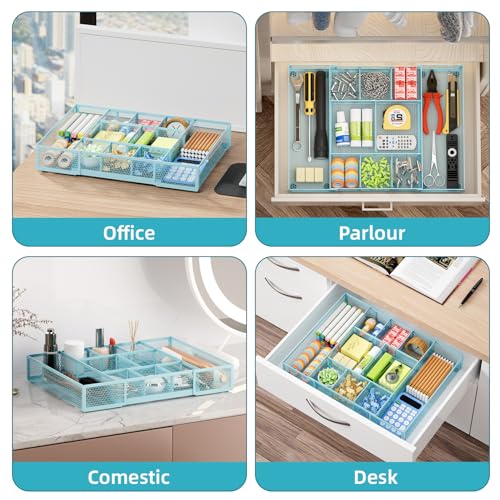 Marbrasse Expandable Desk Drawer Organizer, Mesh Drawer Organizer Tray with 10 Adjustable Compartments, Desk Organizers and Accessories for Office Supplies, Makeup & Vanity (Expandable-Blue) - color: Expandable-Blue