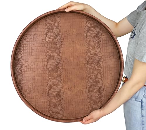 HofferRuffer Large Round Serving Tray 24'', Elegant Faux Leather Circle Ottoman Table Tray, Serve Tea Coffee Breakfast in Bedroom Living Room Kitchen (Antique Brown, 24'') - color: Antique Brown, size: 24"