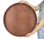 HofferRuffer Large Round Serving Tray 24'', Elegant Faux Leather Circle Ottoman Table Tray, Serve Tea Coffee Breakfast in Bedroom Living Room Kitchen (Antique Brown, 24'') - color: Antique Brown, size: 24"
