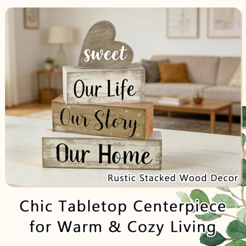 4 Pcs Farmhouse Tabletop Decor Rustic Wooden Block Set for Kitchen Shelf Mantel Family Home Warm Heart Sign Housewarming Gift - style: Home
