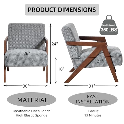 INZOY Mid Century Modern Accent Chair with Wood Frame, Upholstered Reading Armchair with Soft Linen Fabric, Accent Chair for Living Room Bedroom Apartment, Easy Assembly, Blue - color: Chenille Blue