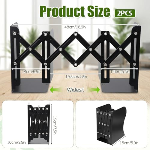 2 Pcs Adjustable Bookends, 2 Dividers, Metal Book Ends for Heavy Books Anti-Slip Book Organizer for Desk Shelves Office, Extends up to 19 inch (Black)