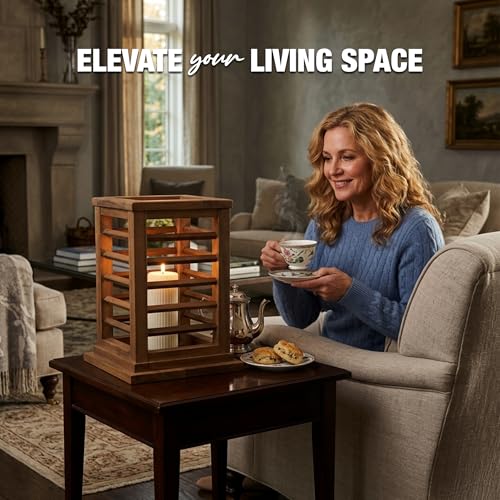 Premium 11.5" H Lantern Decorative Indoor & Outdoor - Large Wooden Candle Lantern & Plant Stand for Holiday Decor, Farmhouse, Patio, Table | Golden Teak Finish