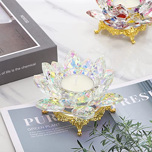 OwnMy Crystal Lotus Flower Tea Light Holder Votive Candle Stand with Gold Metal Base, AB Color Glass Lotus Tealight Candlestick Holder Candle Lamp for Table Centerpiece Wedding Decor