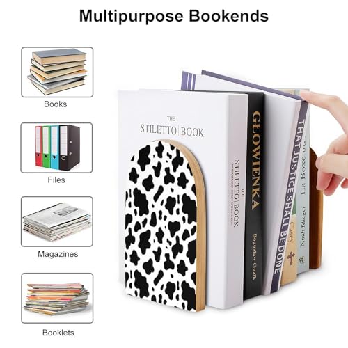 Wooden Bookends 2 Pcs,Black and White Cow Print Heavy Duty Office Book Ends Anti Slip Book Shelf Holder with Metal Base Decorative Book Stands - color: Black and White Cow Print