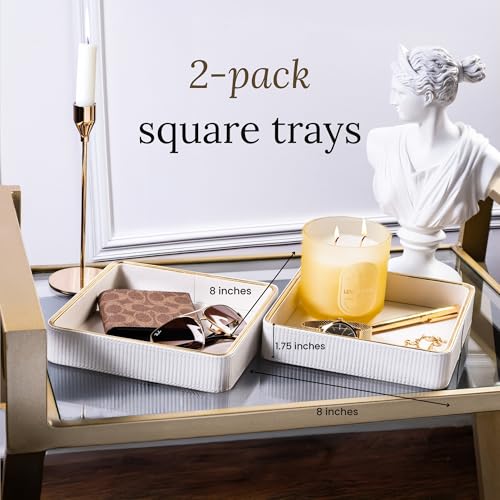 2 Pack White Catch All Trays for Jewelry| Small Leather Valet Tray| Key Bowl for Entryway Table EDC Trinket Tray Catch All| Perfume Trays for Dresser Organizer Perfume Holder (Set of 2) - color: White 2 Pack, size: 8" x 8" x 1.8"