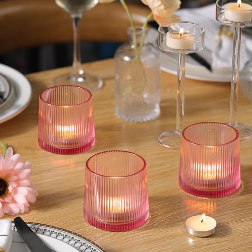 Pink Ribbed Tealight Votive Candle Holders- 6Pack Glass Candle Holders for Table Centerpiece, Home Decor, Wedding Decor, Party Dinner - color: Pink, size: 6Pcs