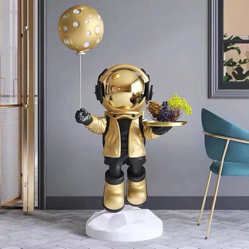Large Astronaut Statue, Astronaut Sculpture, Astronaut Decoration, Cool Metal mask Decor, Floor Sculpture, Suitable for Living Room, Bedroom, Stores, etc., Tray can be Used for Storage - color: Glossy Gold