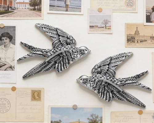 AMOIENSIS Bird Wall Sculpture Art, (Set of 2) 4¾ inch Resin Metallic Silver Bird 3D Sculpted Floating Hanging Wall Sculpture Decoration - color: Metallic Silver