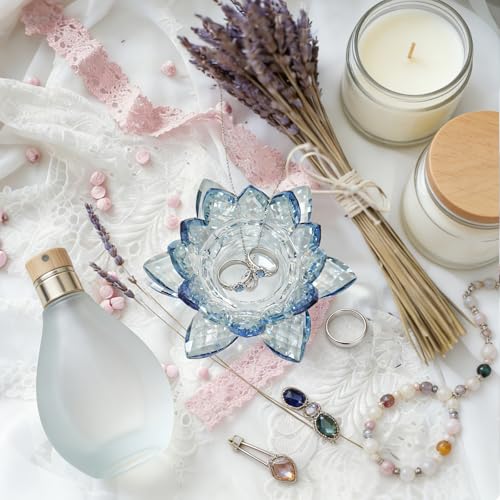 Crystal Flower Jewelry Tray, Luxury Transparent Decorative Trinket Dish for Rings, Earrings, Necklaces, Keys for Vanity Dresser Nightstand, Elegant Gift for Women Mother's Day (1, 4.4"(w) - Blue) - size: 4.4"(w) - Blue